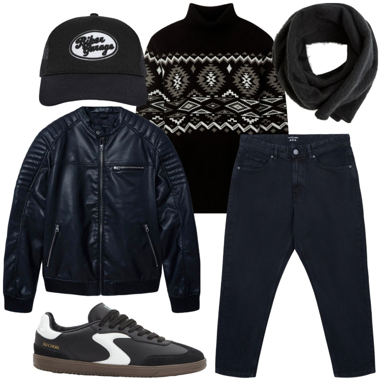 Outfit uomo - Total look #2287589. Stile Urban per Tutti i giorni. Abbinamento con sneakers, sciarpe e foulard, maglieria, cappelli, jeans dritti, giacche.