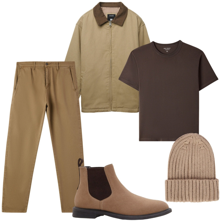 Outfit uomo - Total look #2287594. Stile Casual per Tutti i giorni. Abbinamento con stivali e stivaletti, t-shirt, cappotti, pantaloni chino, berretti.