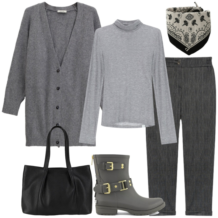 Outfit donna - Comoda. Stile Casual chic per Tutti i giorni. Abbinamento con shopping bag, maglieria, cardigans, foulard, stivali, pantaloni.