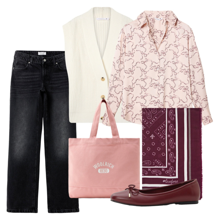 Outfit donna - Novembre. Stile Casual chic per Tutti i giorni. Abbinamento con ballerine, gilet, jeans, camicie, borse tote, foulard.