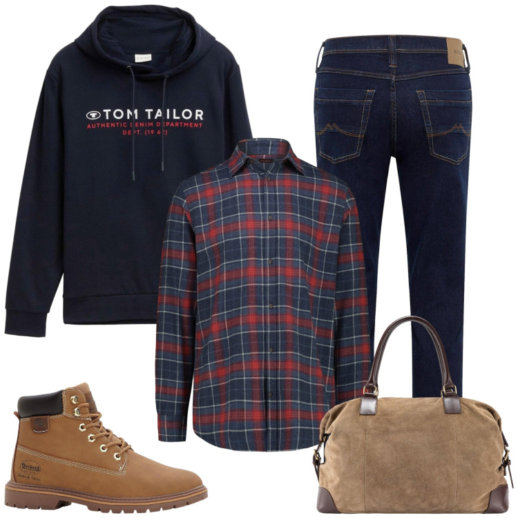 Outfit uomo - Weekend. Stile Casual per Tutti i giorni. Abbinamento con jeans dritti, stivali e stivaletti, felpe con cappuccio, borse sportive, camicie.