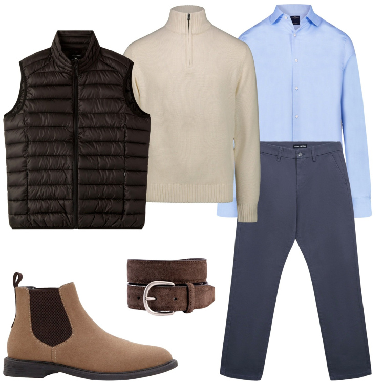 Outfit uomo - Total look #2287616. Stile Casual per Tutti i giorni. Abbinamento con stivali e stivaletti, pantaloni chino, piumini, maglieria, camicie, cinture.