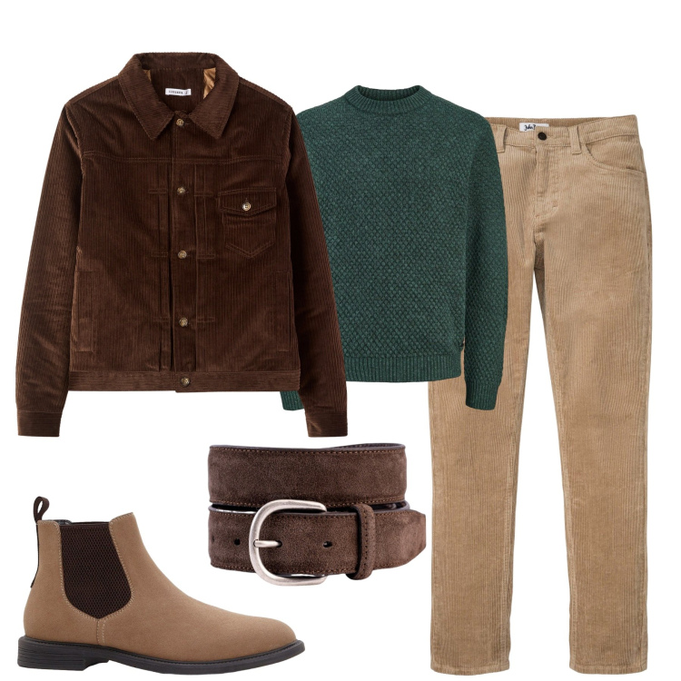 Outfit uomo - Marrone e verde bosco. Stile Casual per Tutti i giorni. Abbinamento con maglieria, pantaloni, stivali e stivaletti, cappotti, cinture.