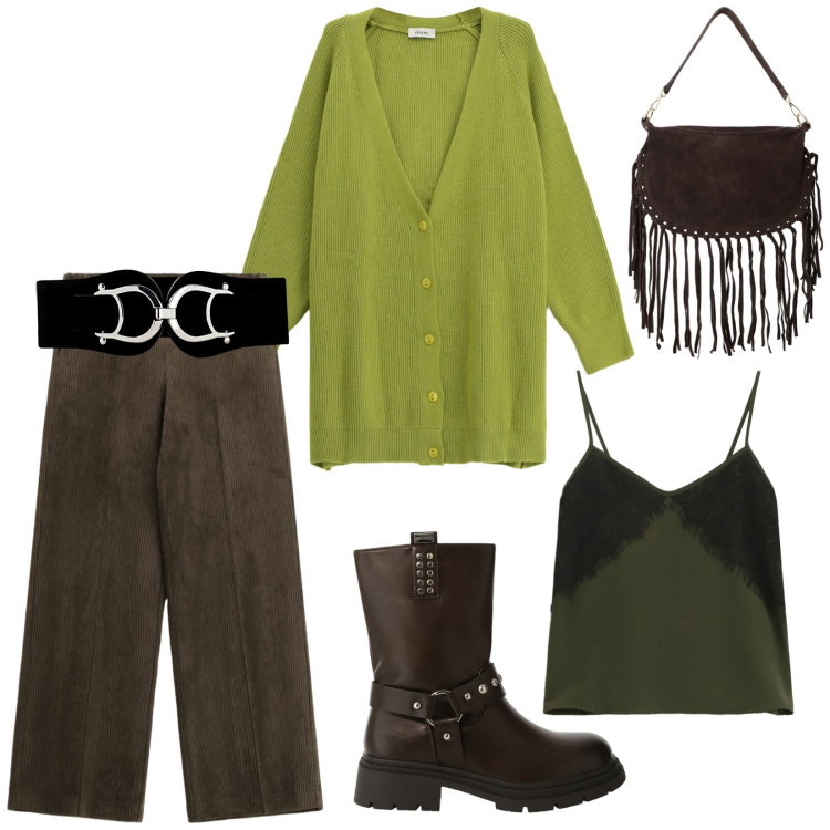 Outfit donna - Total look #2287625. Stile Casual chic per Tutti i giorni. Abbinamento con cinture, stivali, pantaloni a palazzo, borse a tracolla, cardigans, top.