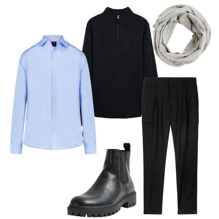 Outfit uomo - Total look #2287626. Stile Urban per Ufficio. Abbinamento con stivali e stivaletti, sciarpe, maglieria, camicie, pantaloni cargo.