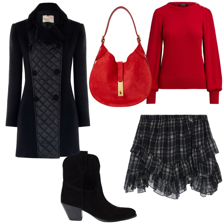 Outfit donna - Nero e rosso al cinema. Stile Chic per Serata fuori. Abbinamento con cappotti, minigonne, borse a spalla, stivaletti, maglieria.