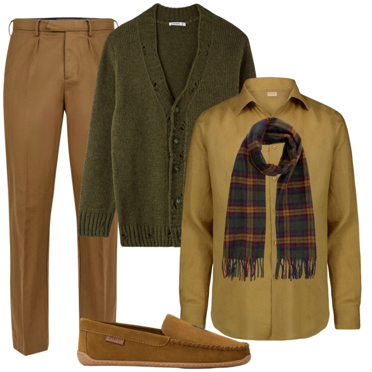 Outfit uomo - Colori della terra. Stile Urban per Tutti i giorni. Abbinamento con cardigans, scarpe stringate, pantaloni, camicie, sciarpe.