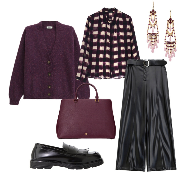 Outfit donna - Total look #2287637. Stile Chic per Serata fuori. Abbinamento con pantaloni, camicie, mocassini, cardigans, borse a mano, orecchini.