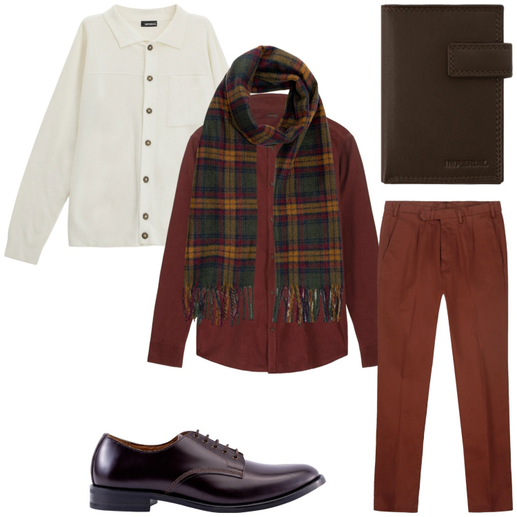 Outfit uomo - Total look #2287639. Stile Trendy per Serata speciale. Abbinamento con cardigans, portafogli, pantaloni, scarpe stringate, sciarpe, camicie.