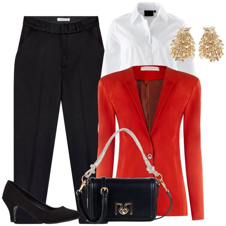 Outfit donna - Un tocco di rosso. Stile Chic per Tutti i giorni. Abbinamento con décolleté, camicie, blazer, borse a mano, pantaloni chino, orecchini.
