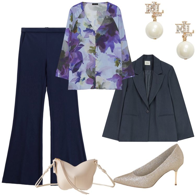 Outfit donna - Total look #2287642. Stile Glamour per Cerimonia. Abbinamento con décolleté, pantaloni, borse a tracolla, blazer, orecchini, bluse.