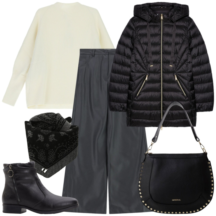 Outfit donna - Giornata in città - curvy style. Stile Urban per Tutti i giorni. Abbinamento con stivaletti, borse a spalla, pantaloni a palazzo, maglieria, foulard, piumini.