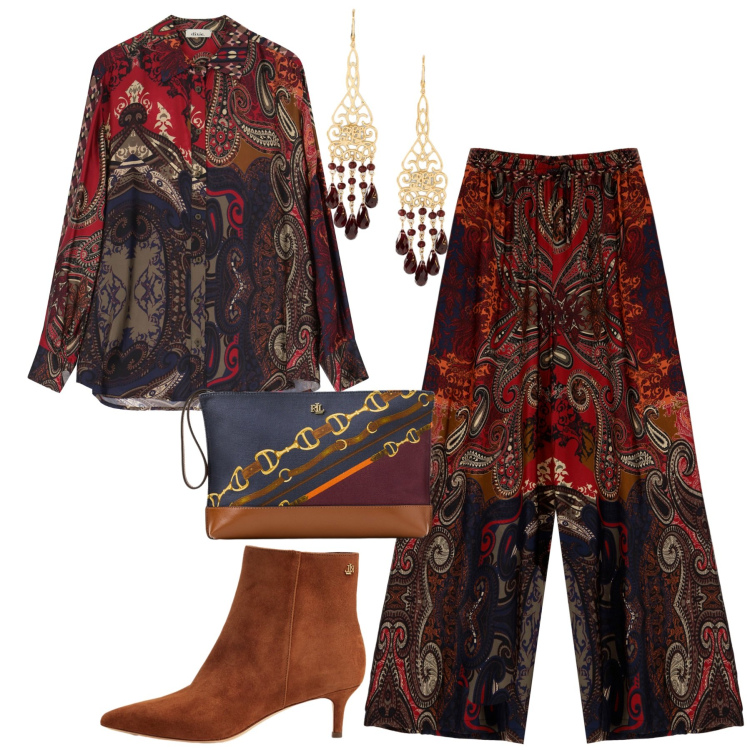Outfit donna - Racconti di viaggio. Stile Chic per Serata fuori. Abbinamento con pantaloni a palazzo, camicie, stivaletti, orecchini, pochette.