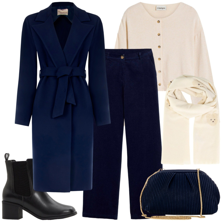 Outfit donna - Giornata in città - curvy style. Stile Urban per Tutti i giorni. Abbinamento con pantaloni, cardigans, stivaletti, cappotti, pochette, sciarpe.