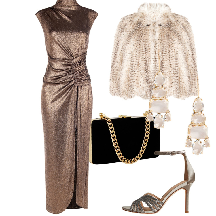 Outfit donna - Evento. Stile Glamour per Serata fuori. Abbinamento con vestiti lunghi, ecopellicce, clutch, orecchini, sandali gioiello.