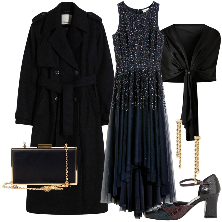 Outfit donna - Serata con stile. Stile Glamour per Serata fuori. Abbinamento con vestiti asimmetrici, trench, scialli, pochette, décolleté, orecchini.