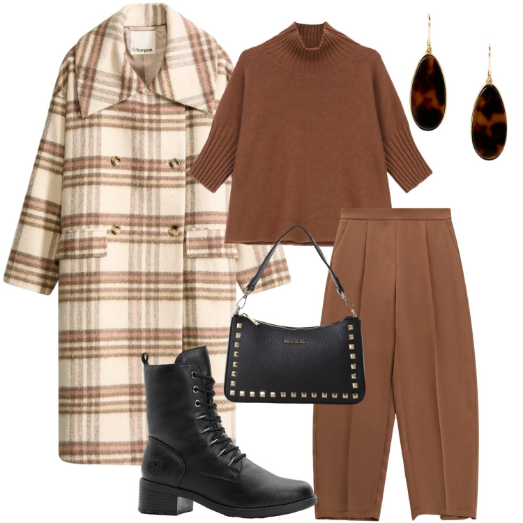 Outfit donna - Total look #2287653. Stile Urban per Tutti i giorni. Abbinamento con cappotti, stivaletti, pantaloni, maglieria, pochette, orecchini.