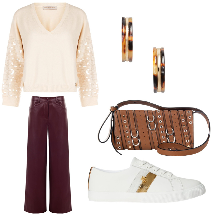 Outfit donna - Aperitivo. Stile Trendy per Tutti i giorni. Abbinamento con borse a spalla, pantaloni, maglieria, orecchini, sneakers.