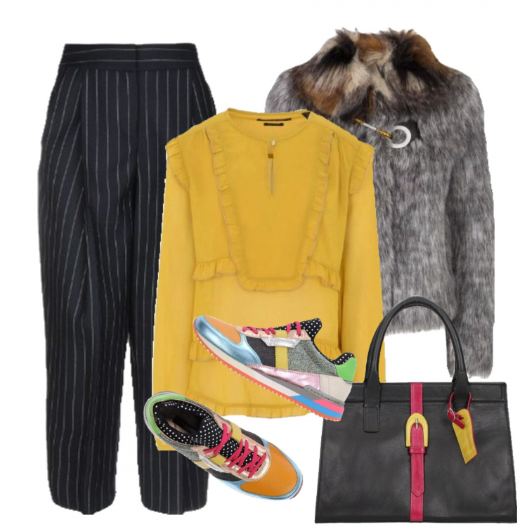 Outfit donna - Colorata. Stile Trendy per Tutti i giorni. Abbinamento con sneakers tennis, bluse, pantalone a sigaretta a righe con zip in flanella con gancetto, borsa a mano nero, pelliccia fantasia eco.
