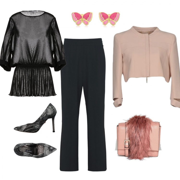 Outfit donna - Saldi a -70%. Stile Bon Ton per Serata fuori. Abbinamento con blusa plissè collo tondo a maniche corte crêpe, giacca collo tondo con zip interno foderato crêpe, décolleté fantasia floreale a punta, pantalone, pelliccia a pois con cinturino in pelle sintetica con tasca interna, orecchini in oro giallo 9ct.
