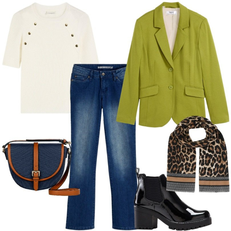 Outfit donna - Blazer basic verde muschio. Stile Basic per Ufficio. Abbinamento con stivaletti, jeans bootcut, maglieria, blazer, foulard, borse a tracolla.