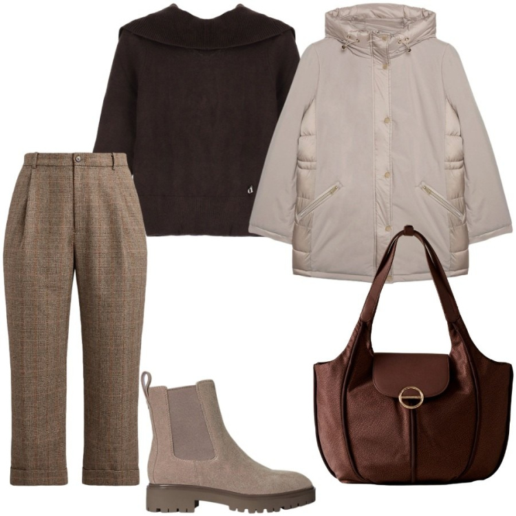 Outfit donna - Total look #2287733. Stile Casual chic per Tutti i giorni. Abbinamento con shopping bag, maglieria, stivaletti chelsea, pantaloni, piumini.