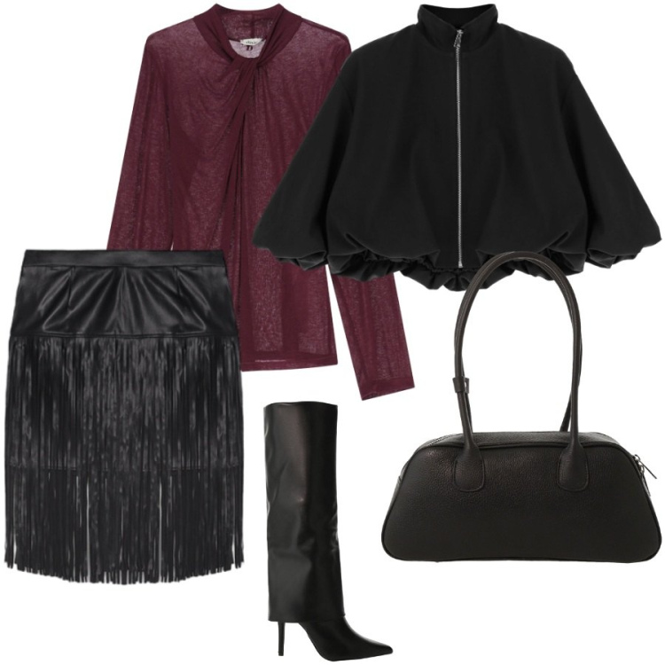 Outfit donna - Frange. Stile Glamour per Serata fuori. Abbinamento con bomber, stivali, top, borse a mano, minigonne.
