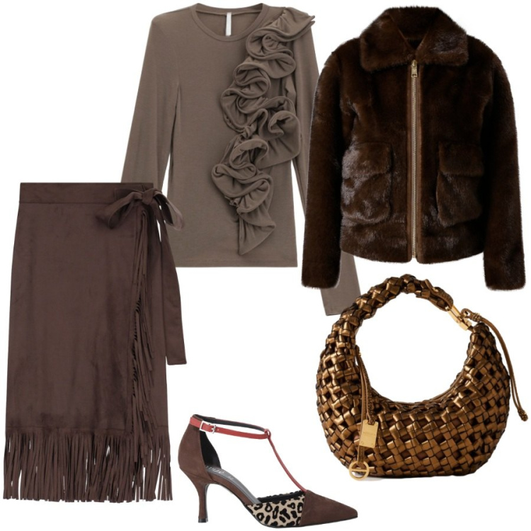 Outfit donna - Tonalità di marrone. Stile Glamour per Serata fuori. Abbinamento con ecopellicce, t-shirt, borse a mano, gonne, décolleté.