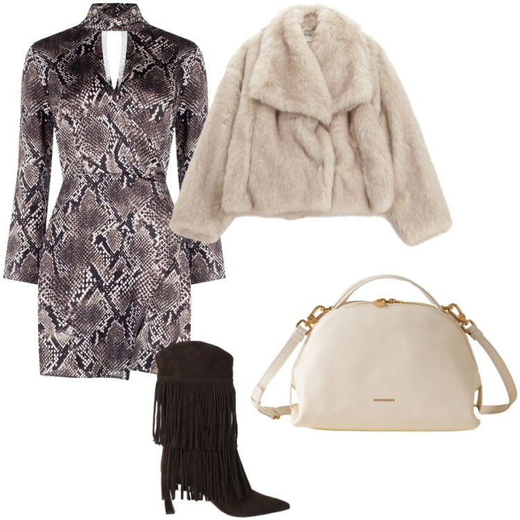 Outfit donna - Serpentato. Stile Glamour per Serata fuori. Abbinamento con vestiti corti, blazer, stivali, borse a mano.