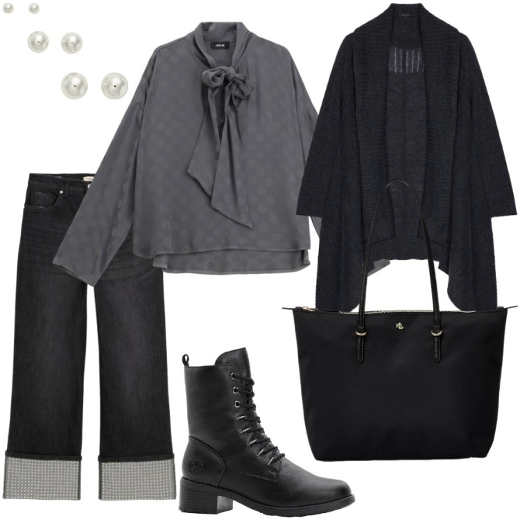 Outfit donna - Il cardigan sciallato. Stile Casual chic per Ufficio. Abbinamento con jeans dritti, stivaletti, bluse, borse tote, orecchini, cardigans.