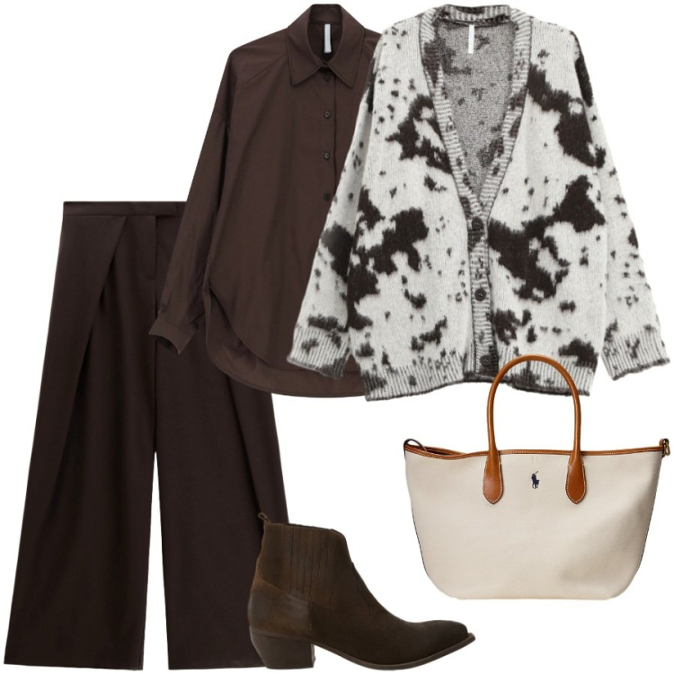 Outfit donna - Total look #2287738. Stile Casual chic per Ufficio. Abbinamento con camicie, cardigans, pantaloni a palazzo, stivaletti, borse tote.