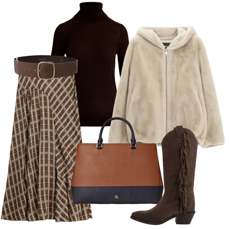 Outfit donna - Ruota. Stile Bon Ton per Ufficio. Abbinamento con cinture, stivali, gonne lunghe, pantaloni, borse a mano, maglieria.