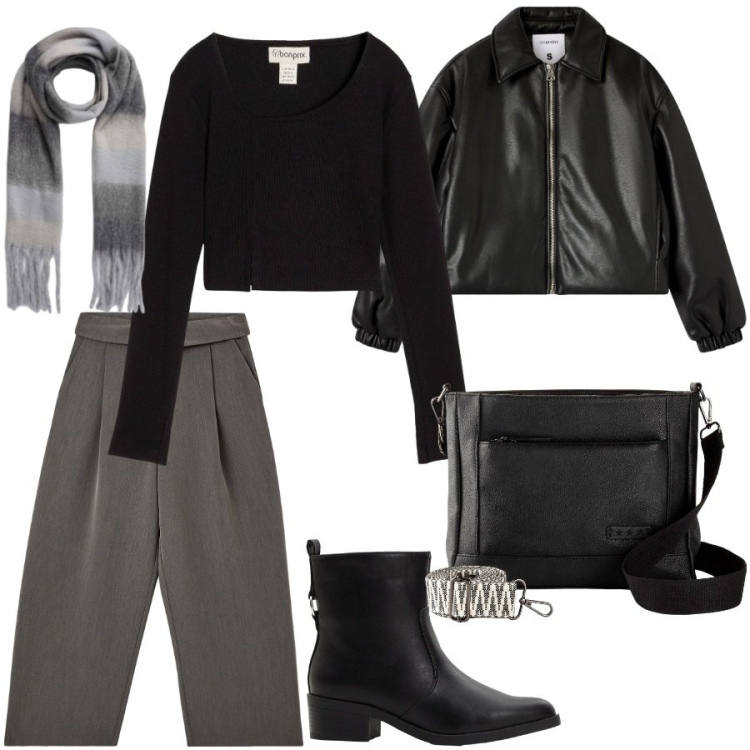 Outfit donna - Total look #2287741. Stile Casual chic per Scuola/Università. Abbinamento con borse a tracolla, stivaletti, maglieria, pantaloni, bomber, sciarpe.