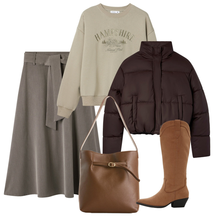 Outfit donna - Tonalità terra. Stile Bon Ton per Ufficio. Abbinamento con stivali, borse a mano, gonne lunghe, felpe, bomber.