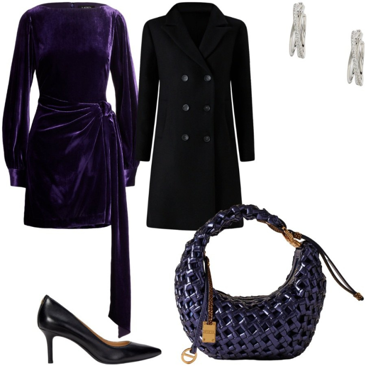 Outfit donna - My party. Stile Glamour per Serata fuori. Abbinamento con cappotti, borse a mano, orecchini, décolleté, vestiti.