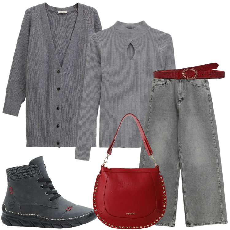 Outfit donna - Accenni di rosso. Stile Casual chic per Tutti i giorni. Abbinamento con stivaletti, jeans, cinture, borse a spalla, maglieria, cardigans.