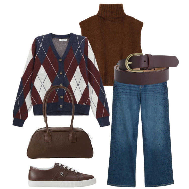 Outfit donna - Total look #2287797. Stile Casual chic per Tutti i giorni. Abbinamento con jeans, cardigans, cinture, borse a mano, maglieria, sneakers.