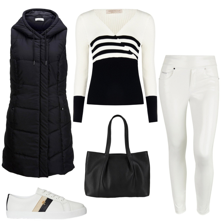 Outfit donna - Total look #2287799. Stile Casual chic per Tutti i giorni. Abbinamento con gilet, shopping bag, pullovers, pantaloni skinny, sneakers.