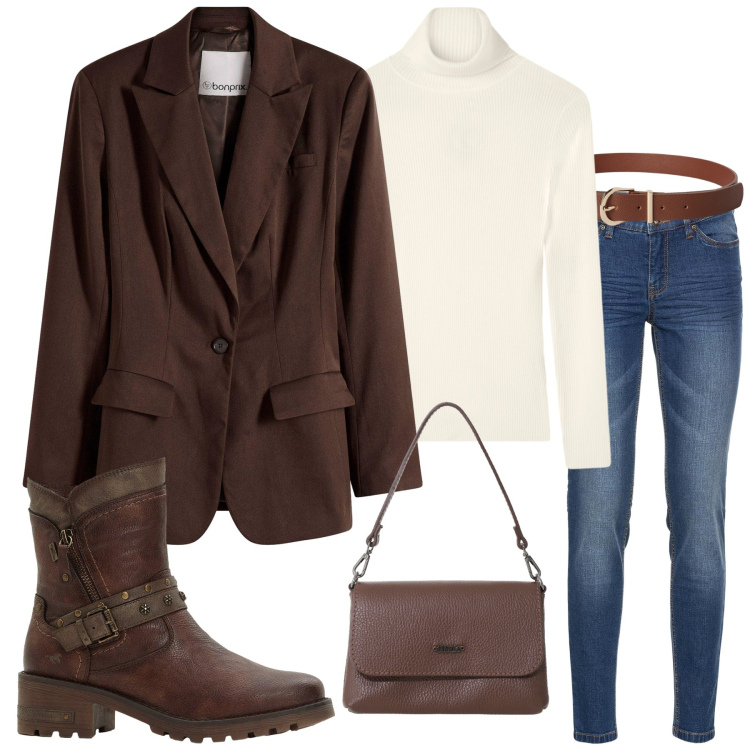 Outfit donna - Una giornata d\'impegni. Stile Casual chic per Tutti i giorni. Abbinamento con blazer, jeans skinny, stivaletti, maglieria, cinture, borse a tracolla.