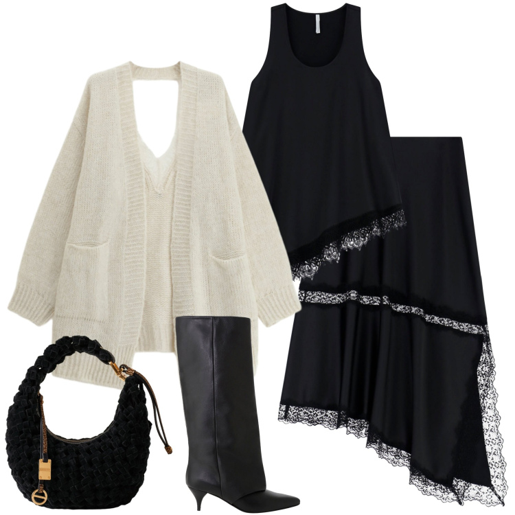 Outfit donna - Glamour a novembre. Stile Glamour per Serata fuori. Abbinamento con gonne lunghe, top, borse a mano, stivali, cardigans.