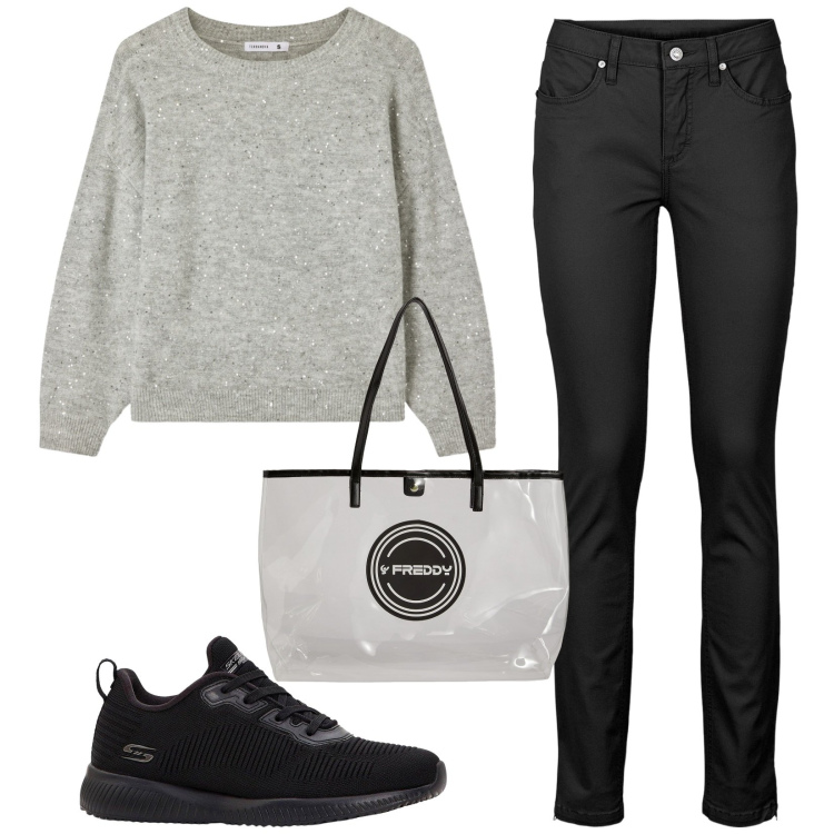 Outfit donna - Total look #2287804. Stile Basic per Tutti i giorni. Abbinamento con jeans skinny, sneakers, maglieria, shopping bag.