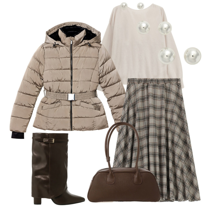 Outfit donna - Total look #2287806. Stile Chic per Ufficio. Abbinamento con gonne longuette, piumini, stivali, cardigans, borse a mano, orecchini.
