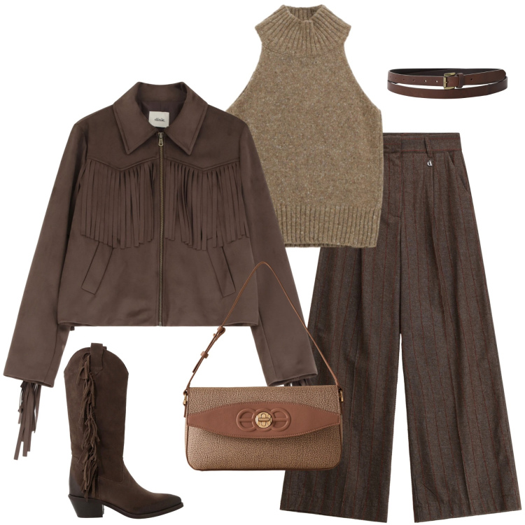 Outfit donna - Glamour a novembre. Stile Glamour per Serata fuori. Abbinamento con blazer, cinture, stivali, borse a spalla, pantaloni a palazzo, top.