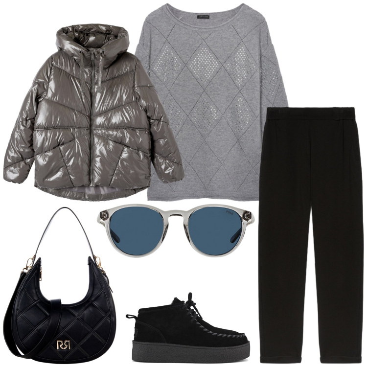 Outfit donna - Total look #2287808. Stile Casual chic per Tutti i giorni. Abbinamento con borse a tracolla, bomber, occhiali da sole, pantaloni, maglieria, stivaletti.