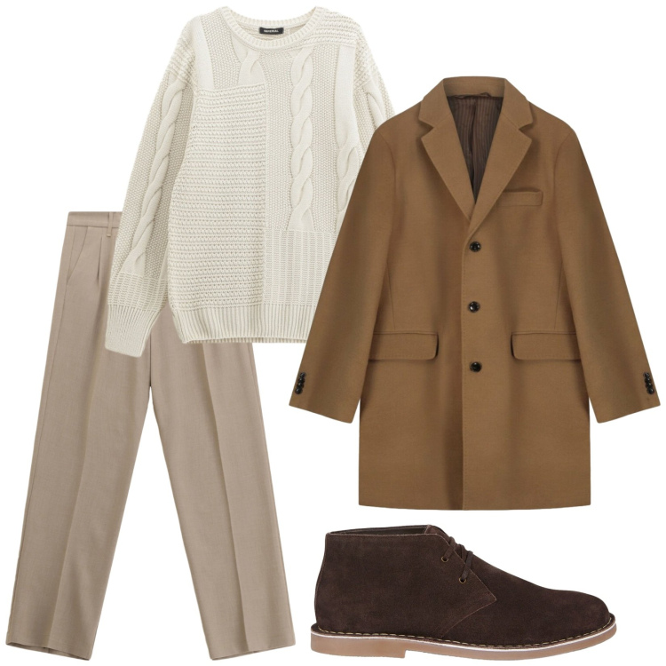 Outfit uomo - Il calore della terra. Stile Business/Elegante per Ufficio. Abbinamento con pantaloni, maglieria, stivali e stivaletti, cappotti.