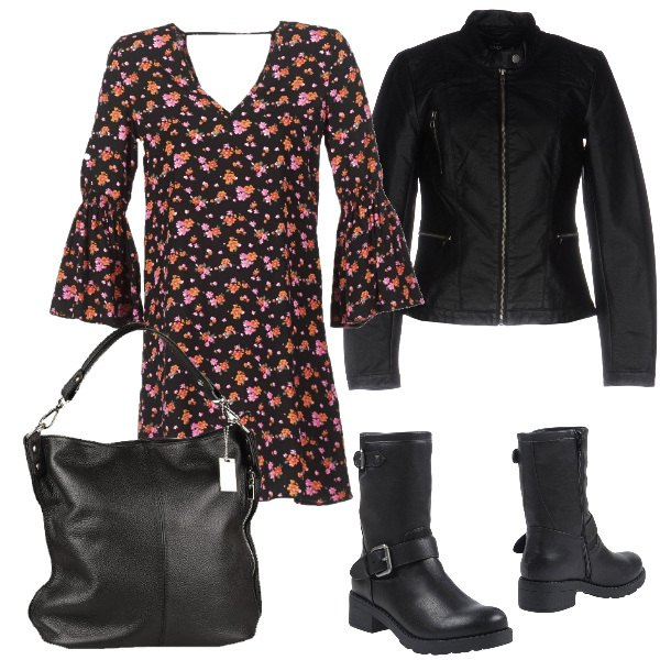 Outfit donna - Fiori colorati in inverno. Stile Rock per Serata fuori. Abbinamento con stivaletti con tacco squadrato e fibbia con punta tonda in pelle sintetica tinta unita, giubbotto collo coreana a maniche lunghe con zip interno foderato in pelle sintetica tinta unita, vestito corto nero, borsa a tracolla made italy con zip tinta unita nero.