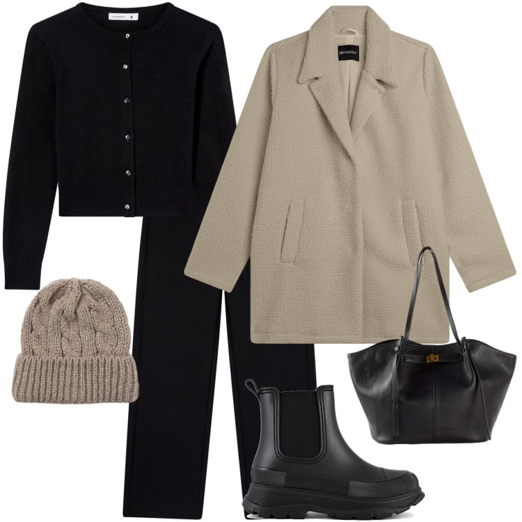 Outfit donna - Giornata in città. Stile Urban per Tutti i giorni. Abbinamento con shopping bag, pantaloni, cardigans, berretti, cappotti, stivali.