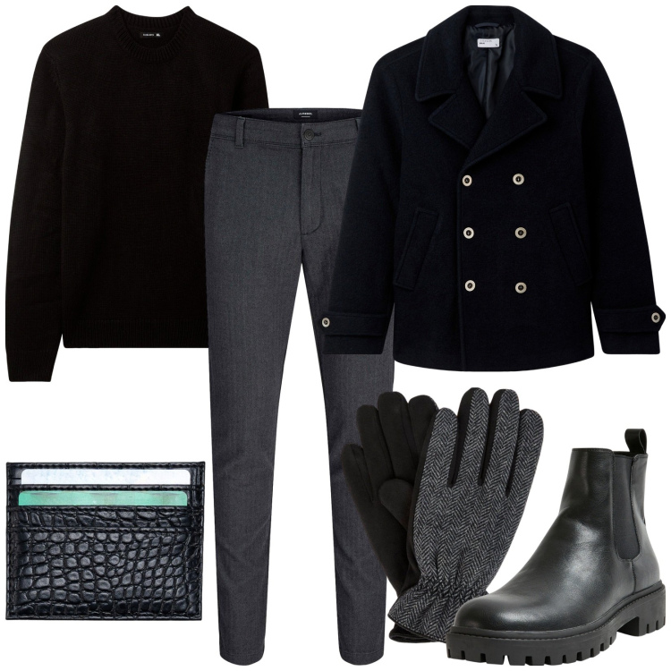 Outfit uomo - Total look #2287813. Stile Casual per Serata speciale. Abbinamento con pantaloni chino, stivali e stivaletti, cappotti, maglieria, guanti, portafogli.