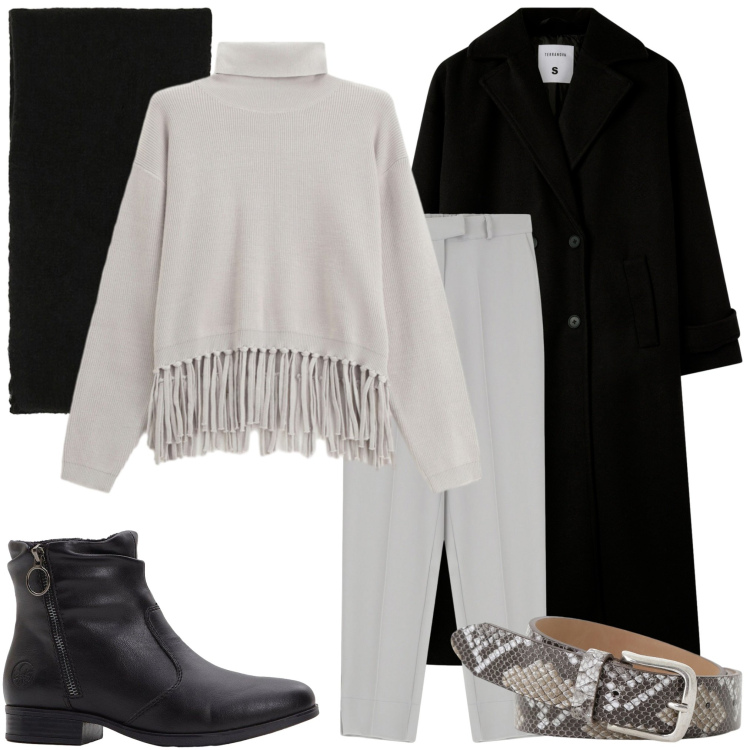 Outfit donna - Giornata in città. Stile Urban per Tutti i giorni. Abbinamento con stivaletti, maglieria, cappotti, pantaloni, cinture, sciarpe.