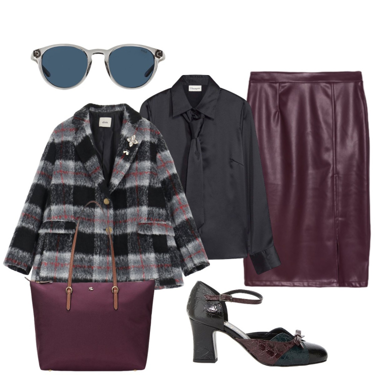 Outfit donna - Passeggiata novembrina. Stile Chic per Tutti i giorni. Abbinamento con camicie, décolleté, blazer, occhiali da sole, borse tote, gonne longuette.